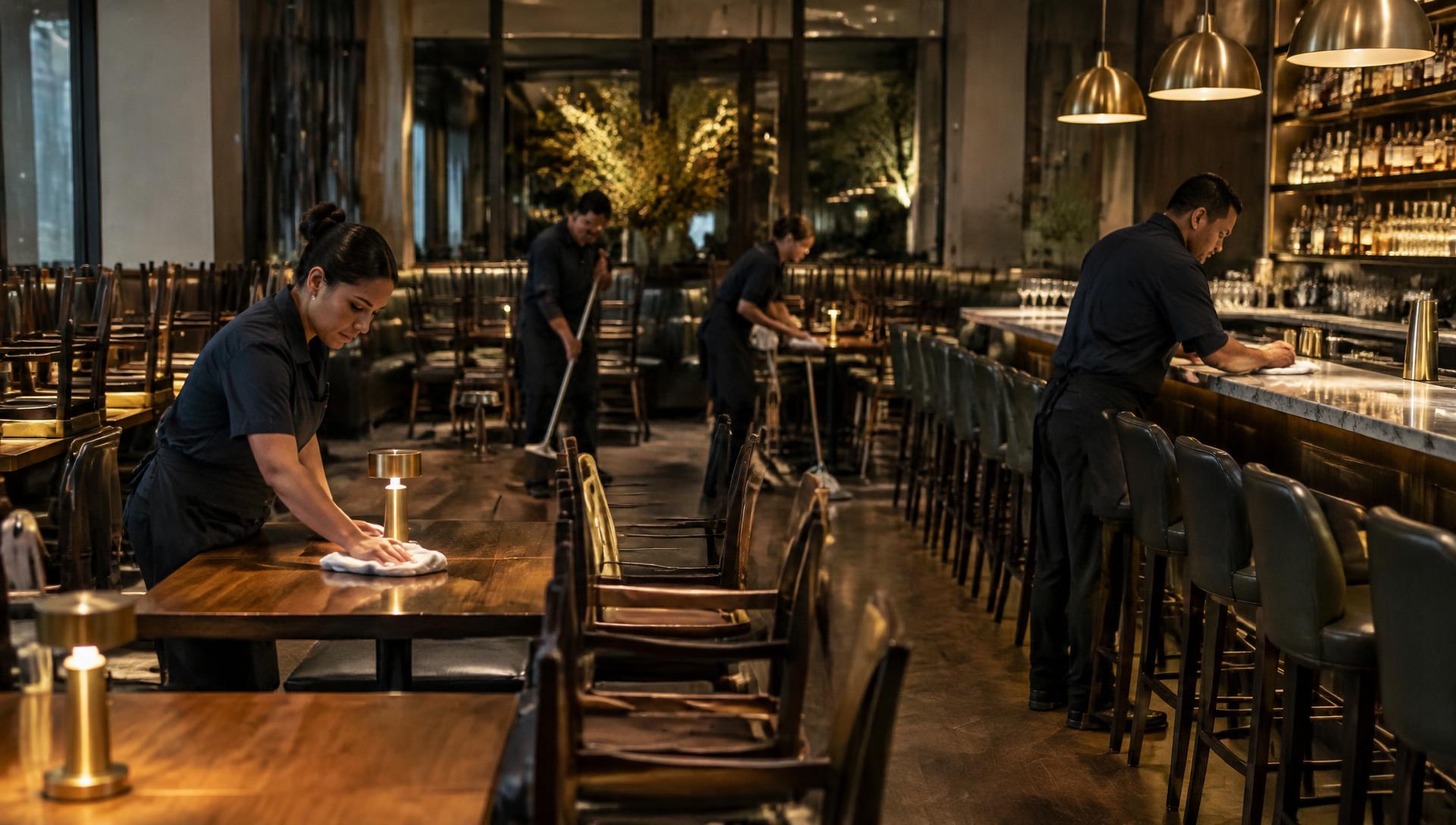 RCS America crew cleaning a restaurant dining room after close